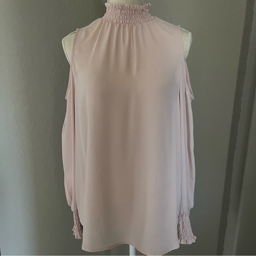 Ivanka Trump Blouse Women's S/P Blush Pink Elastic High Neck Cold Shoulder Sheer